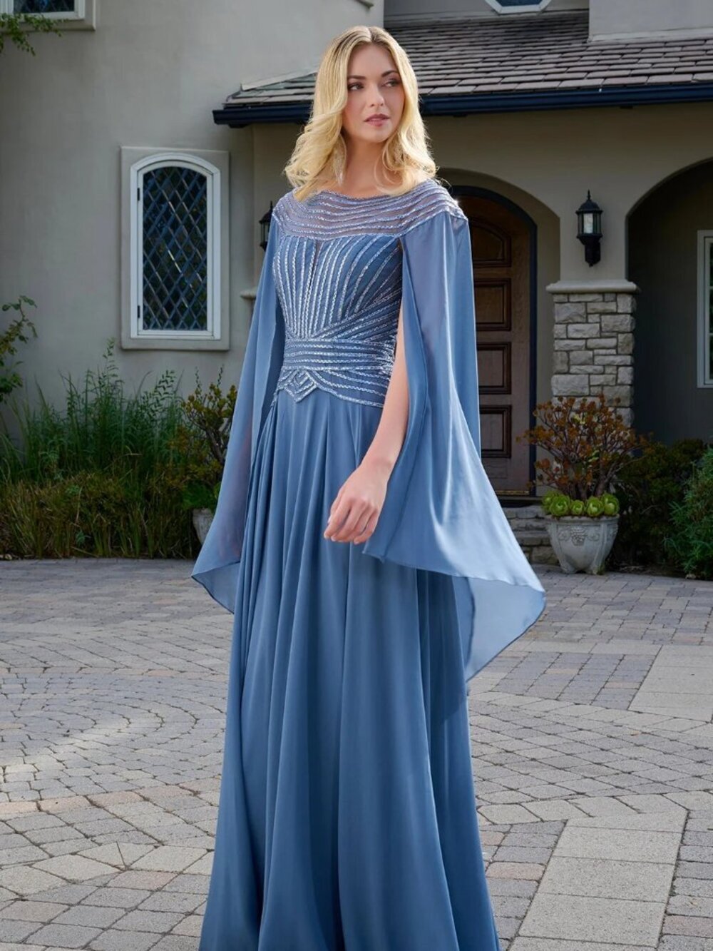 N/A New Smoky Blue Long Mother Of The Bride Gown w/ Beaded Bodice & Capes GL3736